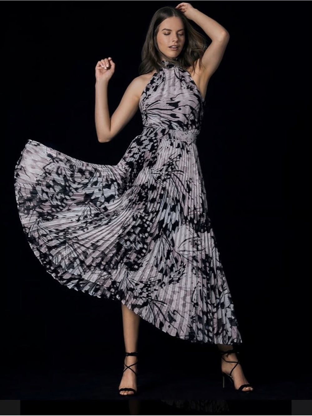White House Black Market Black & White Floral Pleated Midi Halter Dress